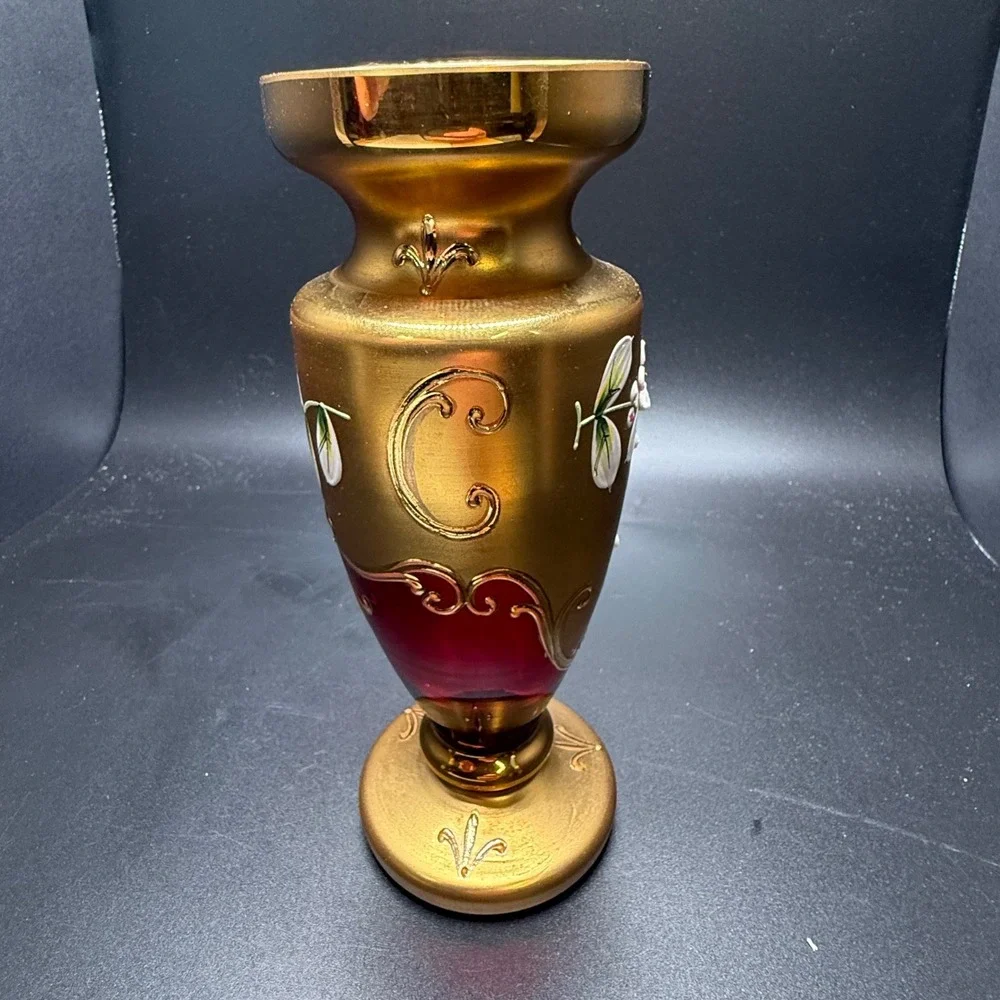 Bohemia Crystal Ruby Red‎ Glass Vase Gold Hand Painted Floral 6.75in Czech